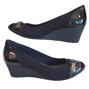 Anne Klein Sport Slip On Wedge Patent Leather Slide On Accent Buckle Closed Toe